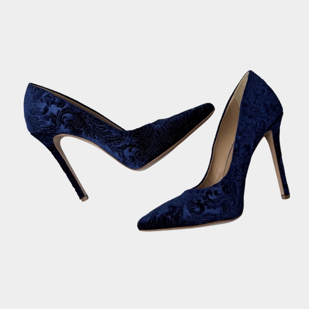 Marc Ellis Deep Navy Crushed Velvet Floral embossed Pump Size 40‎ Made in Italy